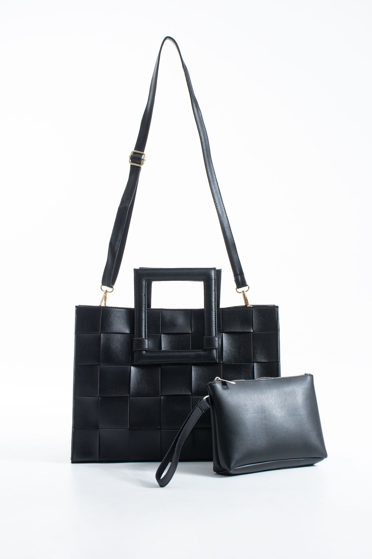 Braided Convertible Tote Bag with Detachable Crossbody Strap - Black