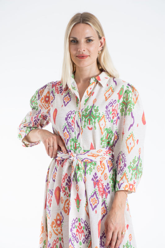 Women’s Linen Blend Ornamental Print Midi Shirt Dress - Cream