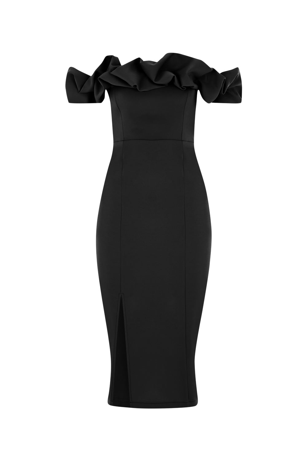 Ruffle Off The Shoulder Midi Dress - Black
