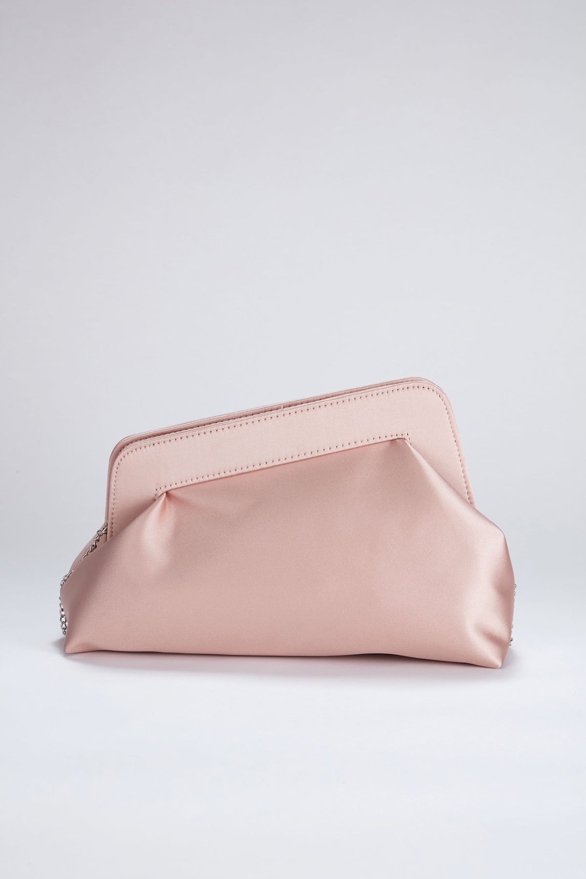 Asymmetrical Satin Clutch Bag with Chain Strap - Nude