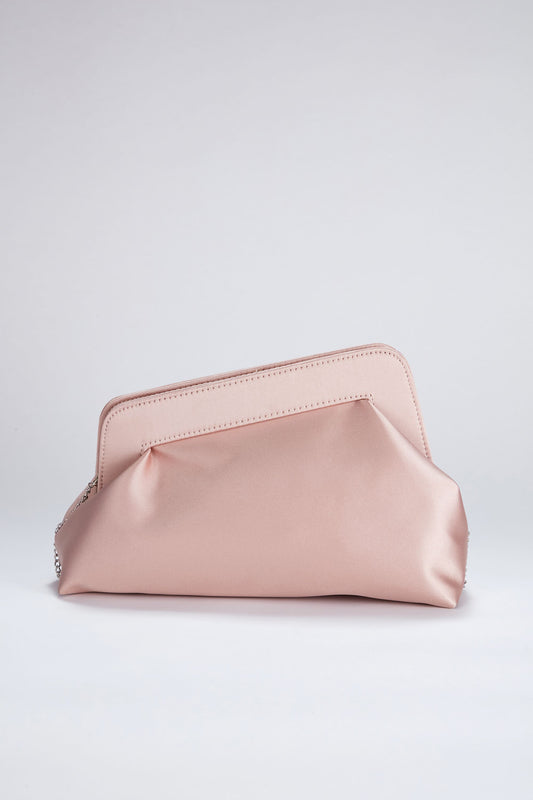 Asymmetrical Satin Clutch Bag with Chain Strap - Nude