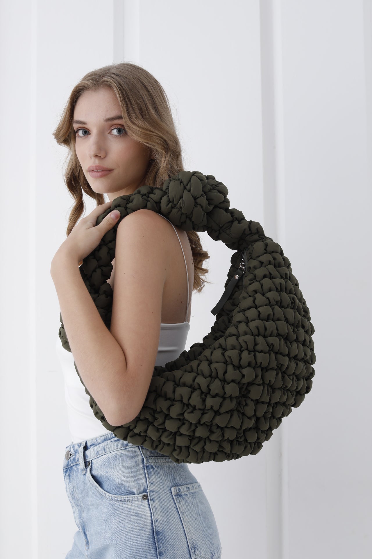 Puffy Quilted Lightweight Large Shoulder Bag - Green
