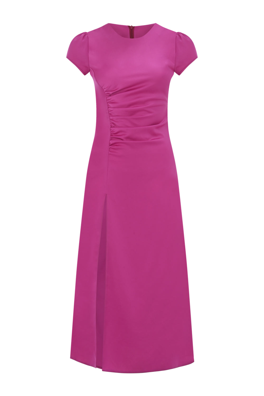 Silky Satin Midi Dress With Side Slit - Fuchsia Pink