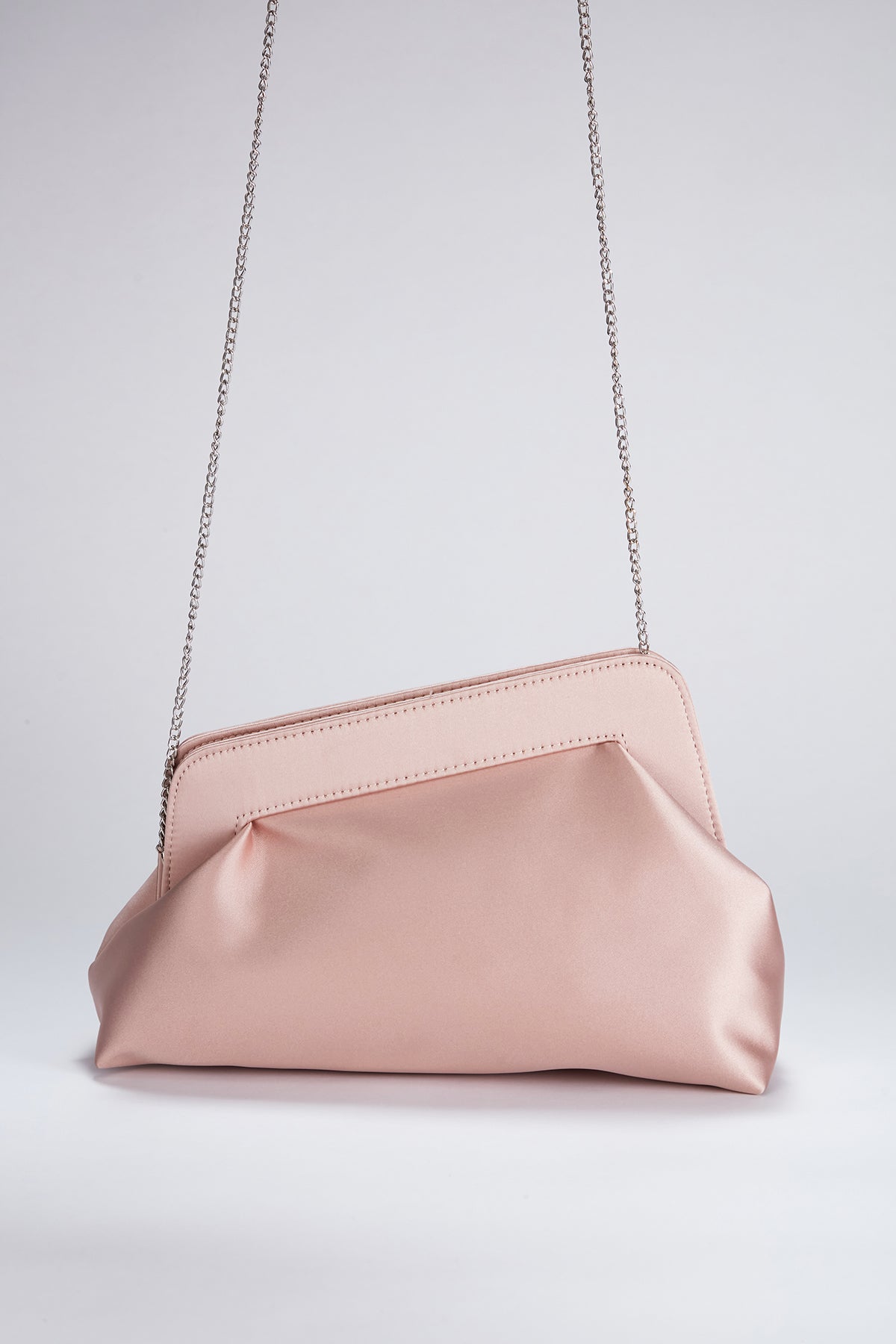 Asymmetrical Satin Clutch Bag with Chain Strap - Nude