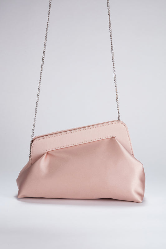 Asymmetrical Satin Clutch Bag with Chain Strap - Nude