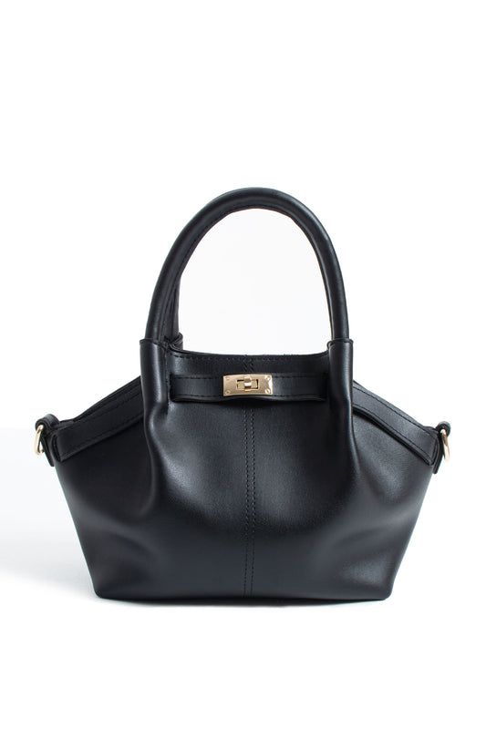 Pu Leather Top Handle Crossbody Bag with Twist Lock Detail - Black