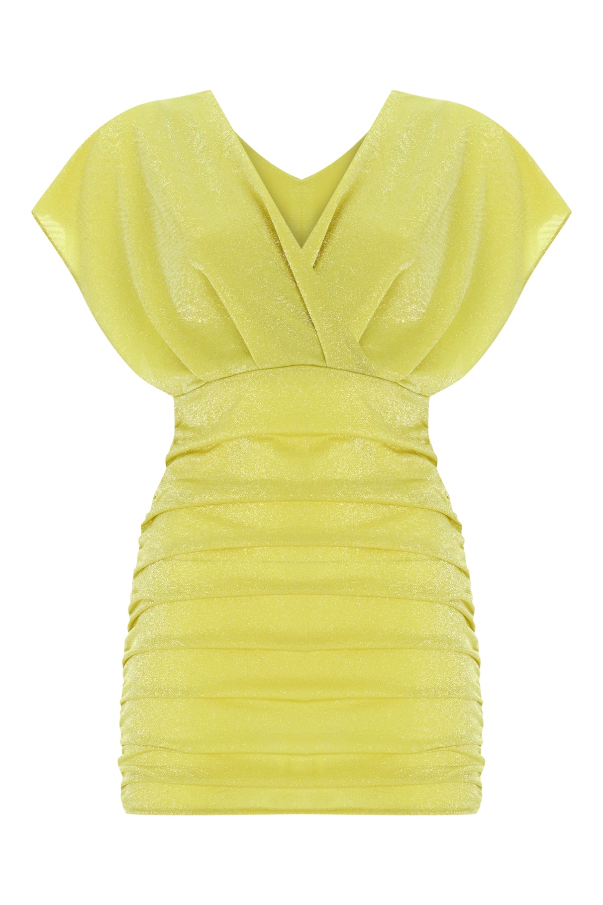 Schimmerndes, gerafftes Kleid mit V-Ausschnitt – Gelb