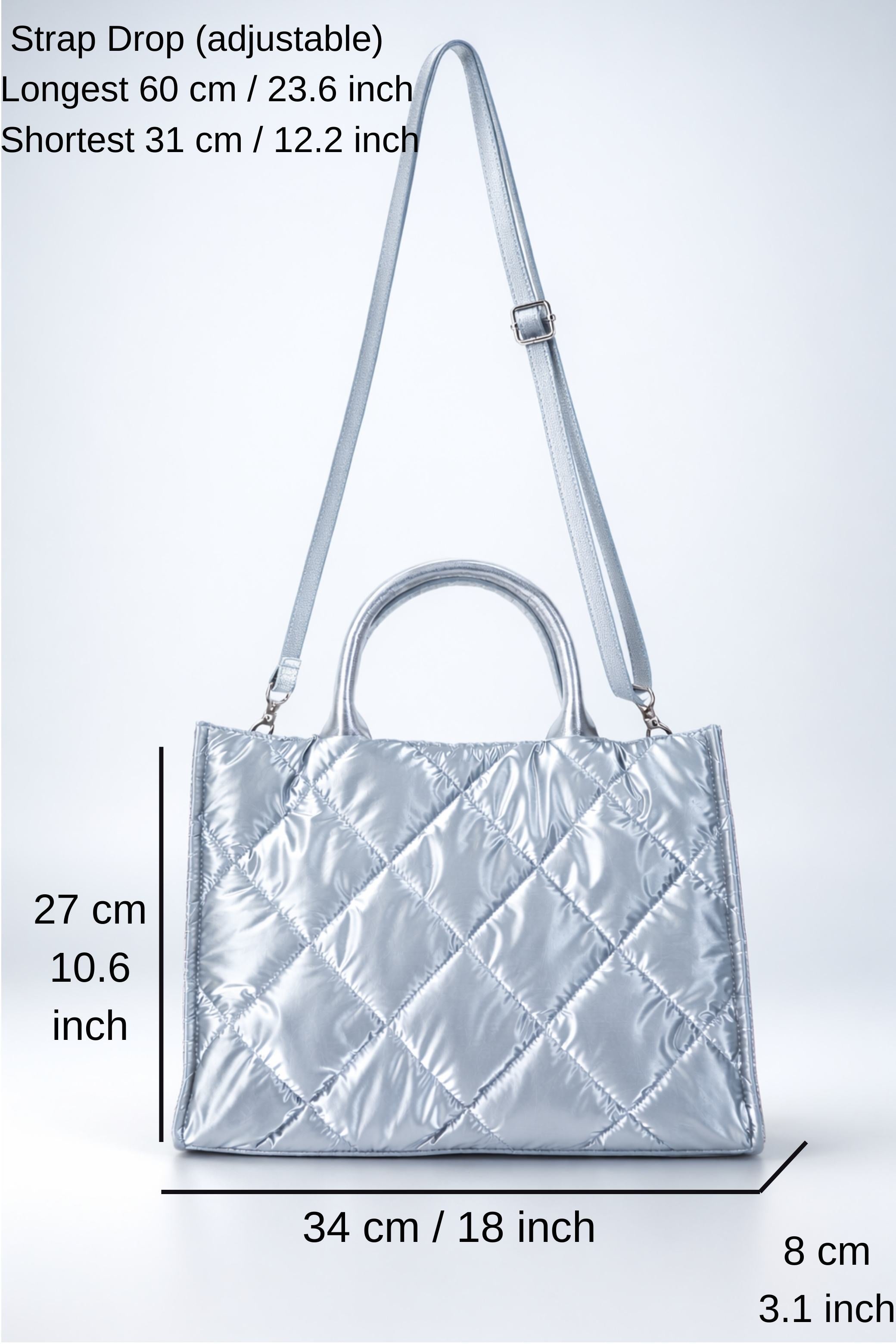 Quilted Tote Bag with Detachable Crossbody Strap - Silver