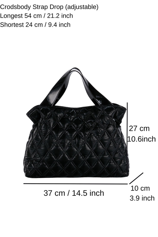 Quilted Tote Bag with Detachable Crossbody Strap - Black