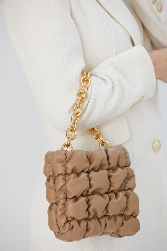 Puffy Quilted chunky Chain Handbag - Nude