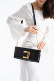 Croc PU Leather Shoulder & Clutch Bag with Large Gold Buckle - Black