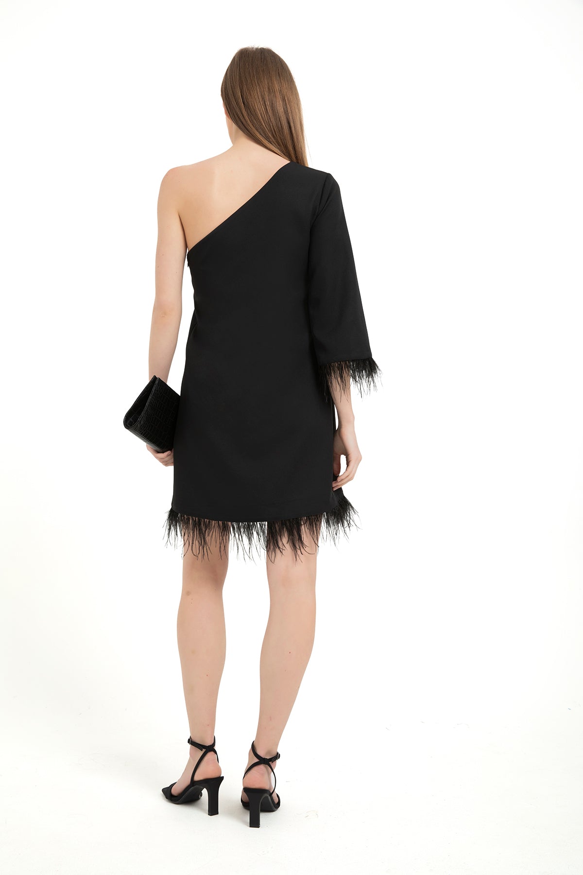 Faux Feather Trim One Shoulder Dress - Black