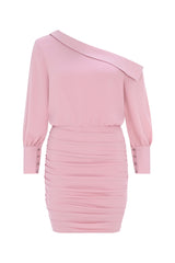 One Shoulder Mini Crepe Shirt Dress - Powder Pink