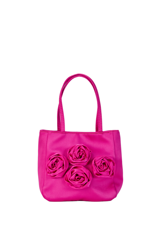 Floral Satin Handbag with Detachable Crossbody Strap - Pink