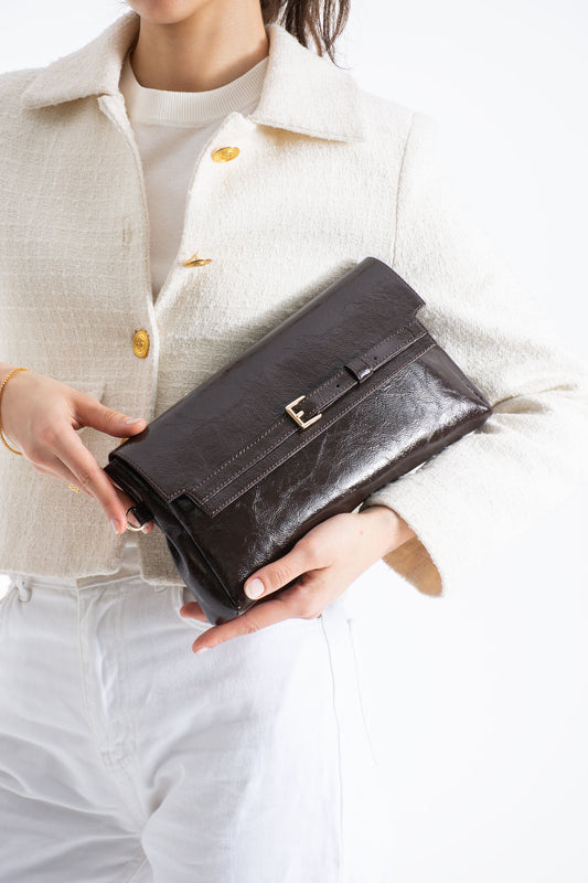 Crinkle Patent Flap Closure Wristlet & Clutc&Crossbody  3-in-1 Handbag - Brown