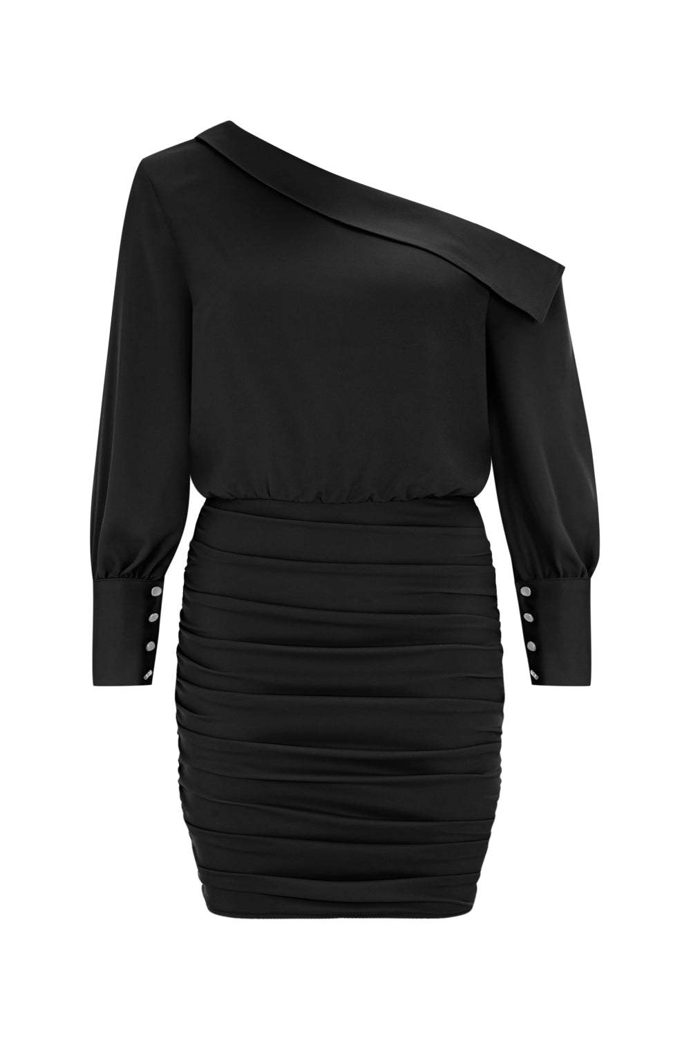 Mini robe chemise en crêpe à une épaule - Noir 
