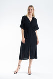 Womens Viscose V Neck Short Sleeve Midi Dress - Black