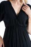 Womens Viscose V Neck Short Sleeve Midi Dress - Black