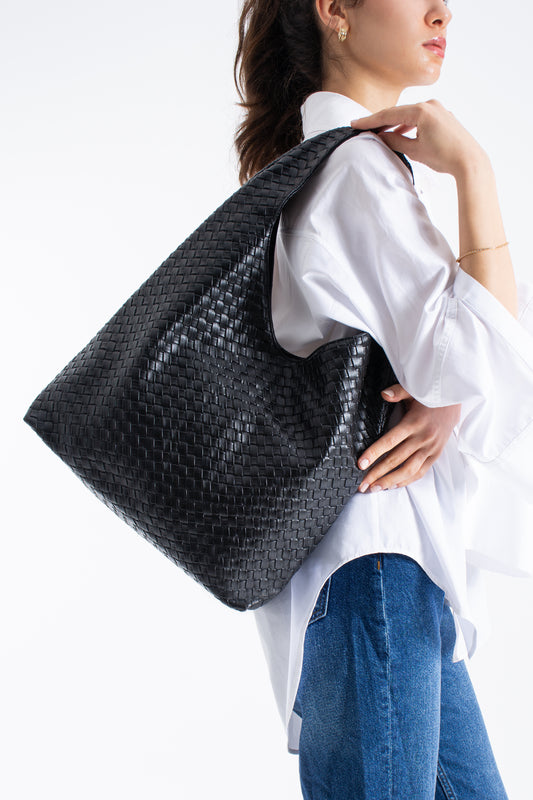 Braided Pu Leather  Slouchy Tote Bag - Black