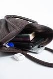 Woven Pu Leather Tote Bag with Matching Zipper Pouch 2PCS Set - Brown