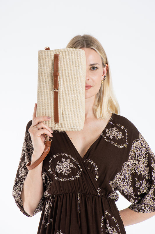 Woven Pu Leather Flap Closure Wristlet & Clutch&Crossbody  3-in-1 - Cream