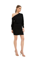 One Shoulder Mini Crepe Shirt Dress - Black