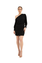 One Shoulder Mini Crepe Shirt Dress - Black