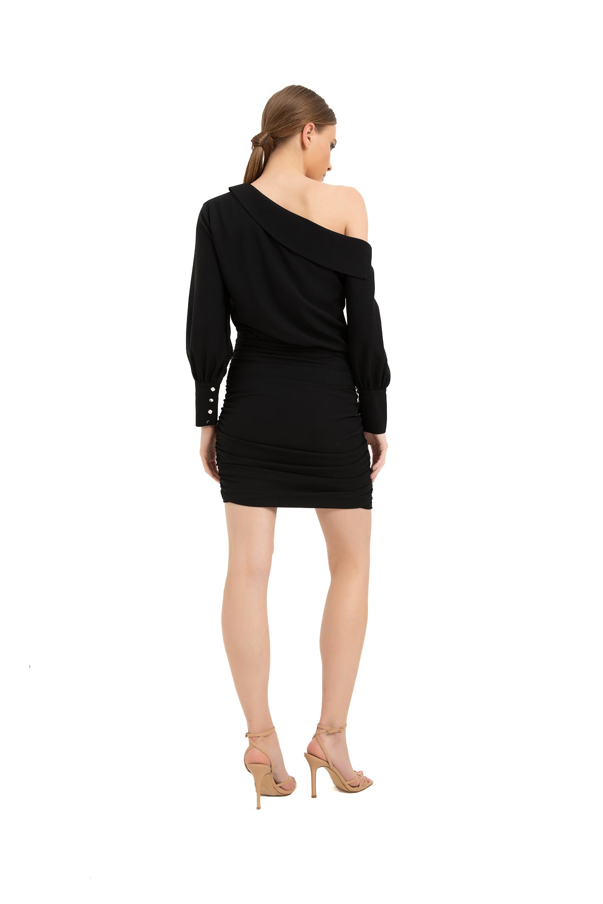 One-Shoulder-Mini-Hemdkleid aus Krepp – Schwarz