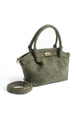 Woven Suede Top Handle Crossbody Bag with Twist Lock Detail - Khaki