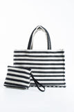 Striped Canvas Summer Tote Bag  with Matching Zipper Pouch 2 Pcs Set