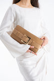 PU Leather Shoulder & Clutch Bag with Large Gold Buckle - Nude