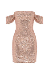 Off Shoulder Diamante Sequin Mini Dress - Nude