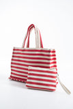 Striped Canvas Summer Tote Bag  with Matching Zipper Pouch 2 Pcs Set - Red