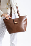 Texured Pu Leather Tote Bag with Matching Zipper Pouch 2PCS Set - Brown