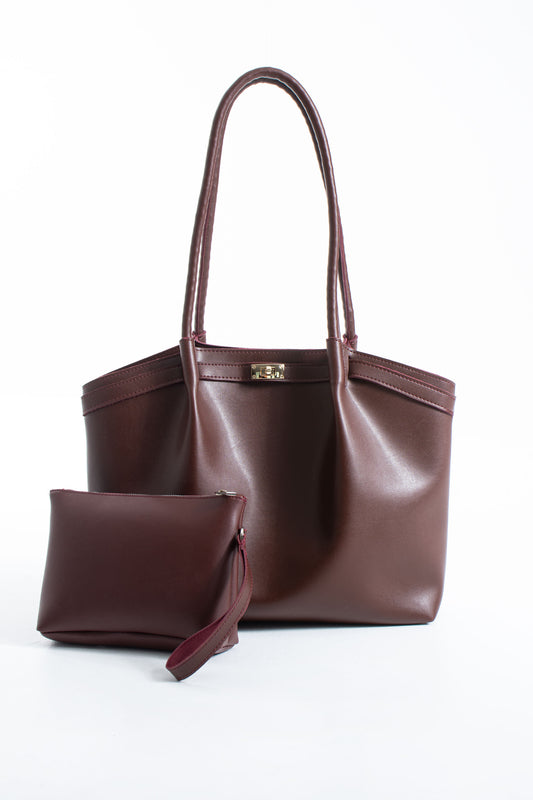 Large PU Leather Shopper Tote Bag with Matching Pouch - Burgundy