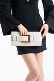 Croc PU Leather Shoulder & Clutch Bag with Large Gold Buckle - Cream