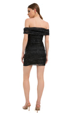 Shimmery Mesh Ruched Mini Dress - Black