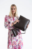 Handle Detail Pu Leather Large Handbag with Detachable strap - Brown