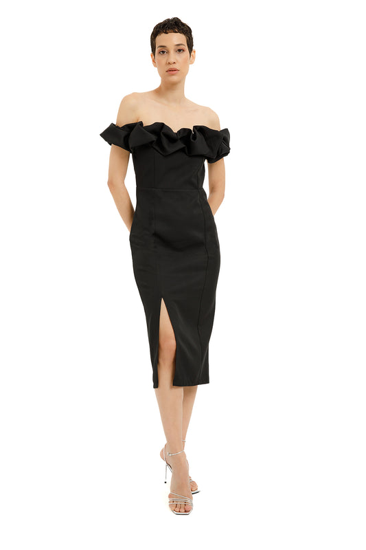 Ruffle Off The Shoulder Midi Dress - Black