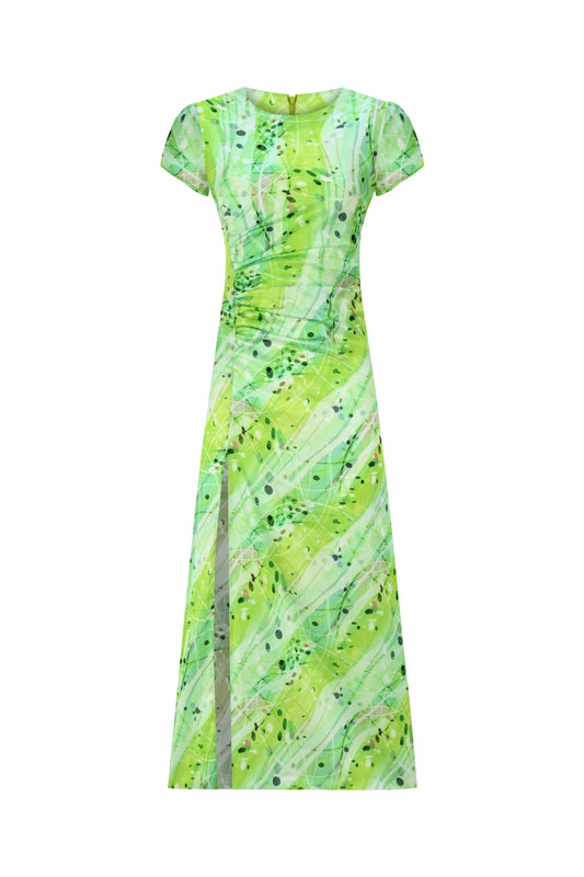 Robe Mi-longue En Satin Avec Fentes Latérales - Imprimé Fleur Verte 