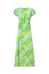 Satin Midi Dress With Side Slit - Green Flower Printed