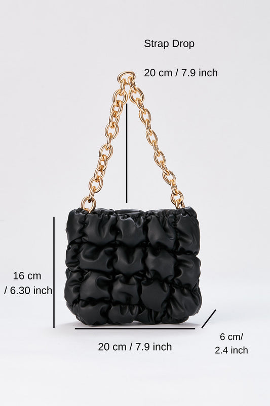Puffy Quilted chunky Chain Handbag - Black