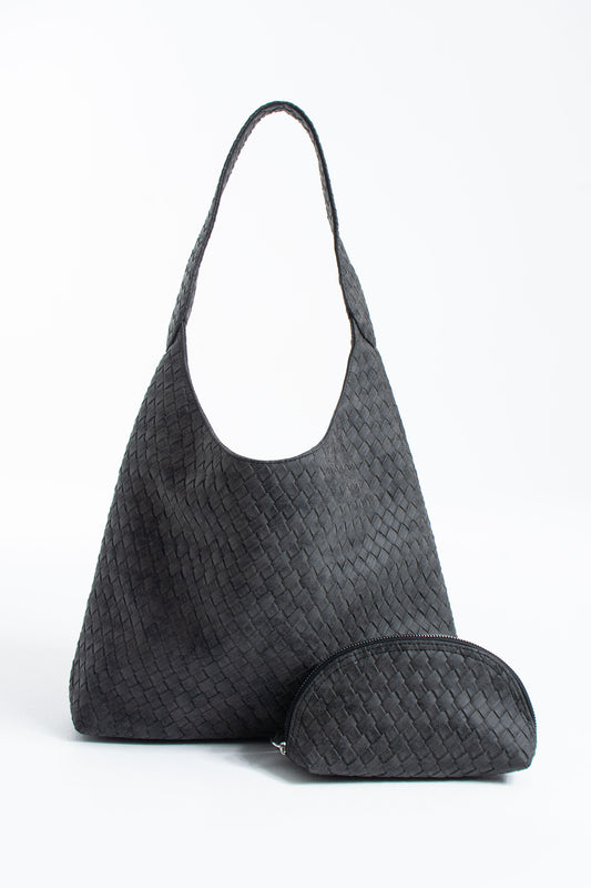 Woven Suede Slouchy Tote Bag with Matching Zipper Pouch 2PCS Set - Black