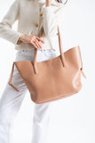 Pu Leather Large Tote Bag with Matching Zipper Pouch  2PCS Set - Nude