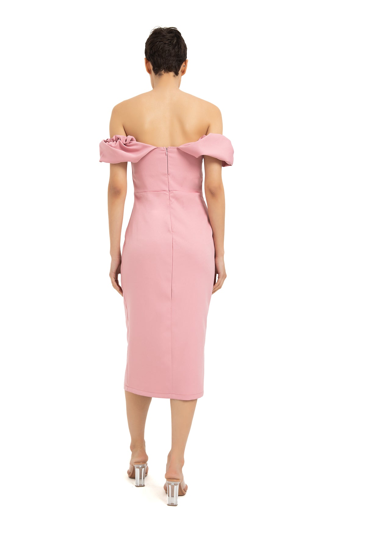 Ruffle Off The Shoulder Midi Dress - Powder Pink