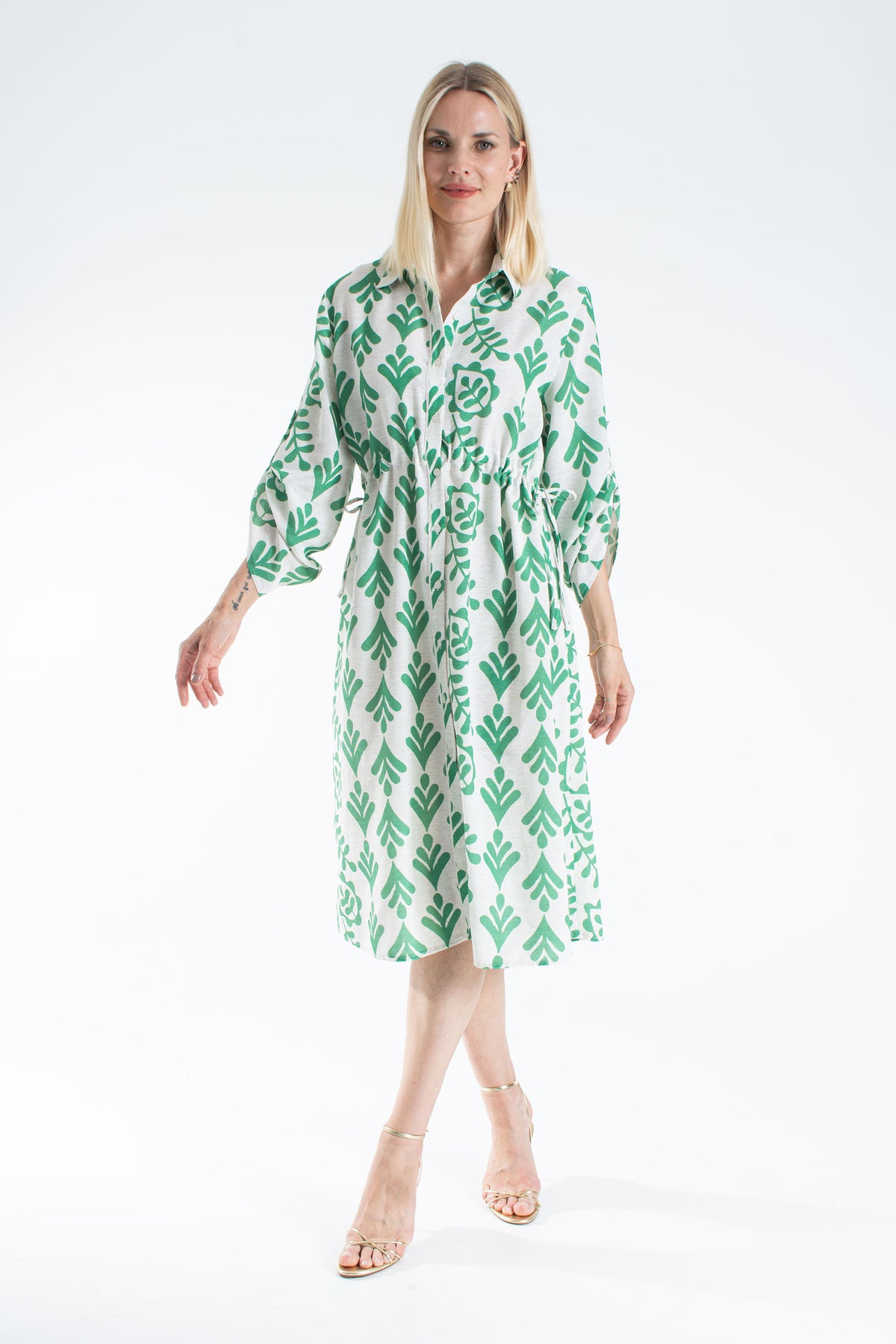 Women’s Linen Blend Leaf Print Midi Shirt Dress - Green