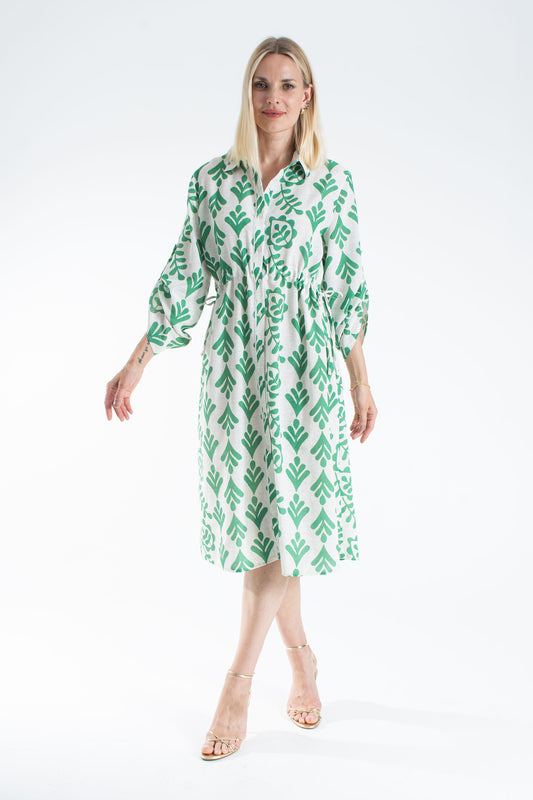 Linen Leaf Print Midi Shirt Dress - Green