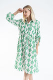 Women’s Linen Blend Leaf Print Midi Shirt Dress - Green