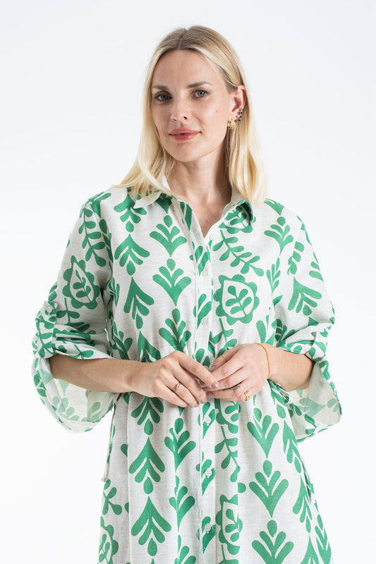 Linen Leaf Print Midi Shirt Dress - Green