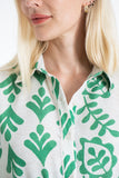 Women’s Linen Blend Leaf Print Midi Shirt Dress - Green